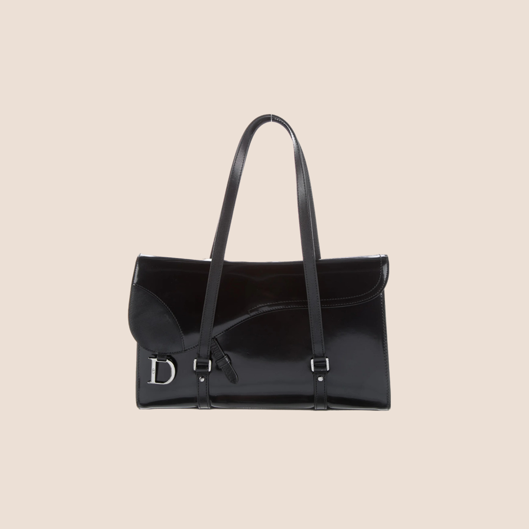 CHRISTIAN DIOR 2003 PATENT LEATHER BLACK FLAP SADDLE BAG