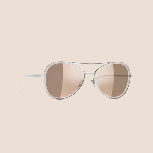 CHANEL SILVER METAL PILOT SUNGLASSES