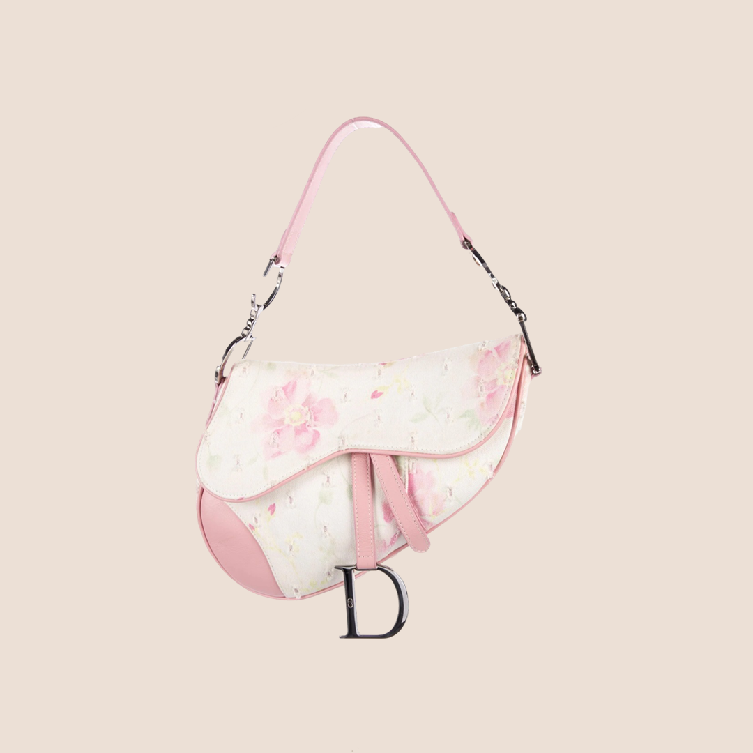 CHRISTIAN DIOR DISTRESSED PINK FLORAL SADDLE BAG