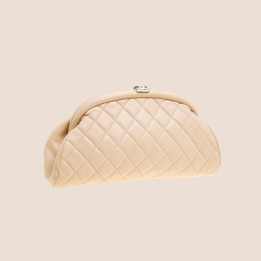 CHANEL BEIGE QUILTED LAMBSKIN LEATHER CLUTCH BAG