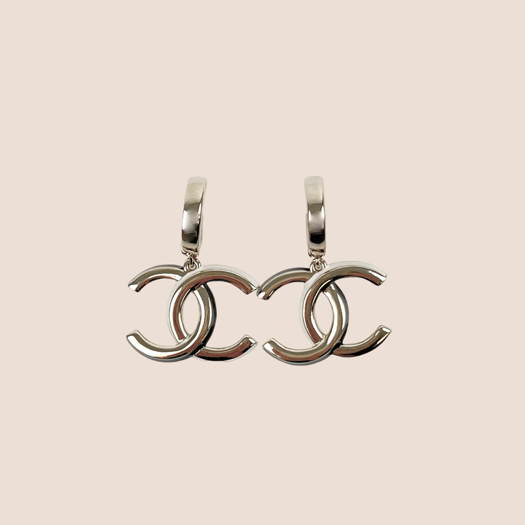 CHANEL SILVER CC HOOP CHAMPAGNE EARRINGS