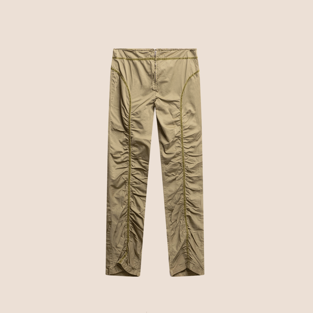 MIU MIU GREEN GATHERED VELVET TRIM TROUSERS