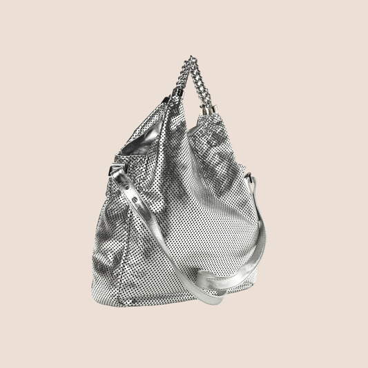 CHANEL METALLIC SILVER PERFORATED RODEO HOBO BAG