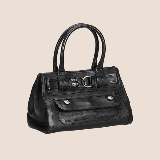 CHRISTIAN DIOR BLACK LEATHER FLIGHT TOTE BAG