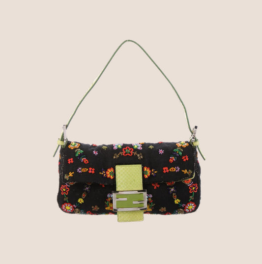 FENDI BLACK FLORAL BEADED BAGUETTE  BAG