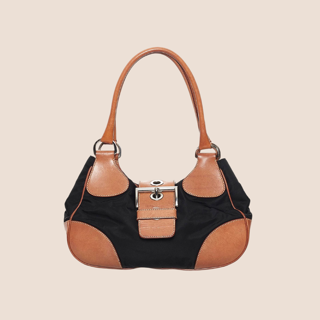 PRADA TAN & BLACK BELTED SHOULDER BAG