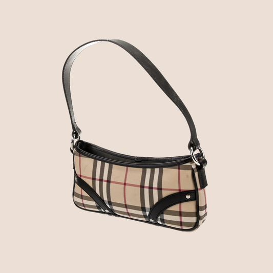 BURBERRY NOVA CHECK BLACK LEATHER TRIM BAGUETTE BAG