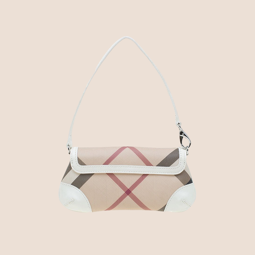 BURBERRY NOVA CHECK WHITE LEATHER TRIM MINI BAGUETTE