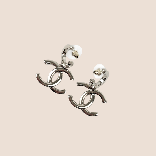 CHANEL SILVER CC HOOP CHAMPAGNE EARRINGS