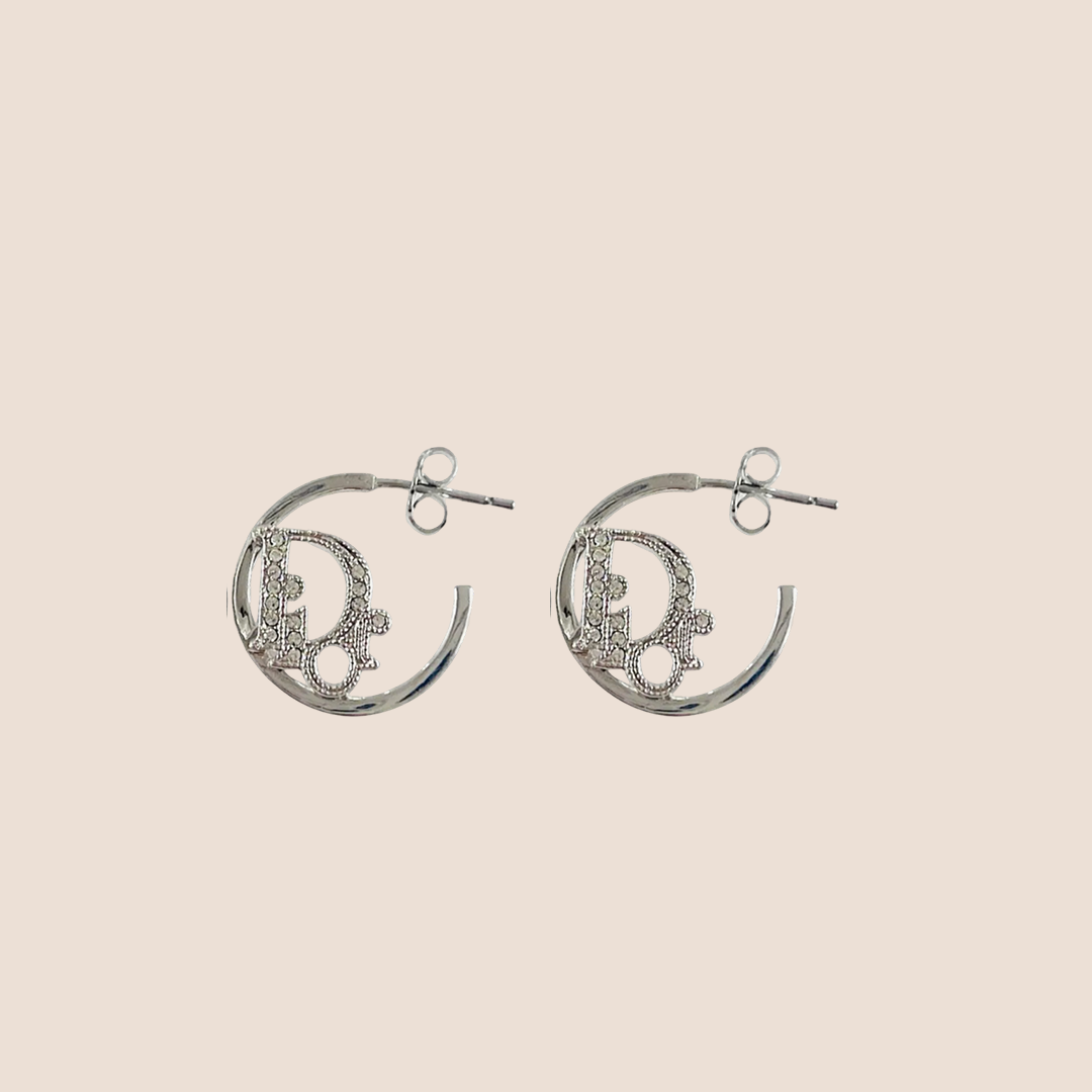 CHRISTIAN DIOR LOGO RHINESTONE MINI HOOPS