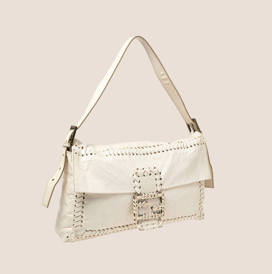 FENDI WHITE LEATHER WHIPSTITCH JUMBO BAGUETTE BAG