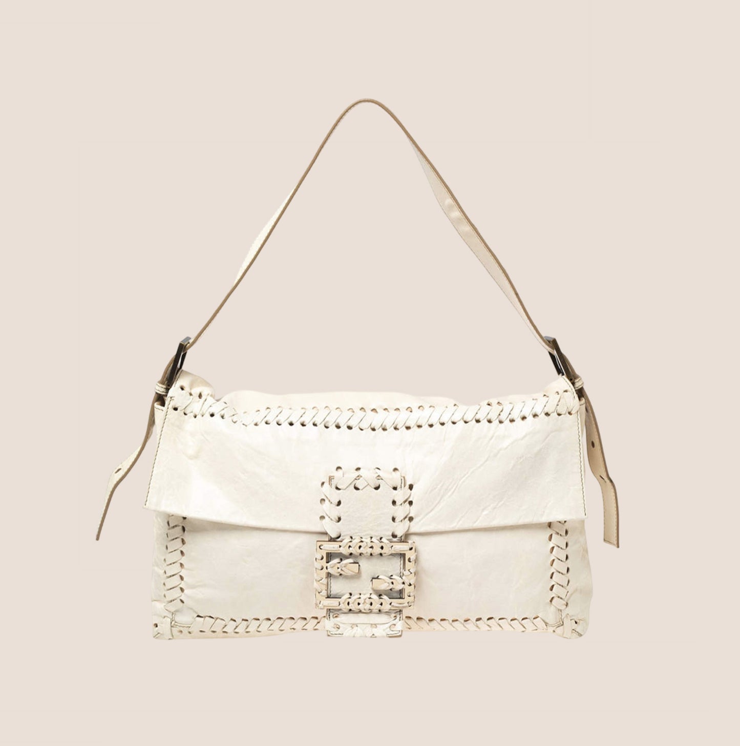 FENDI WHITE LEATHER WHIPSTITCH JUMBO BAGUETTE BAG