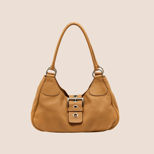 PRADA COGNAC BROWN LEATHER BUCKLE MOON BAG