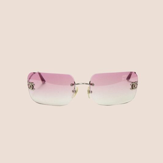 CHANEL 1990s PINK GRADIENT TINT CC LOGO CRYSTAL SUNGLASSES