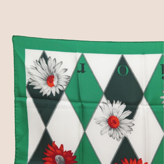 CHRISTIAN DIOR GREEN SQUARE FLOWERS SILK SCARF