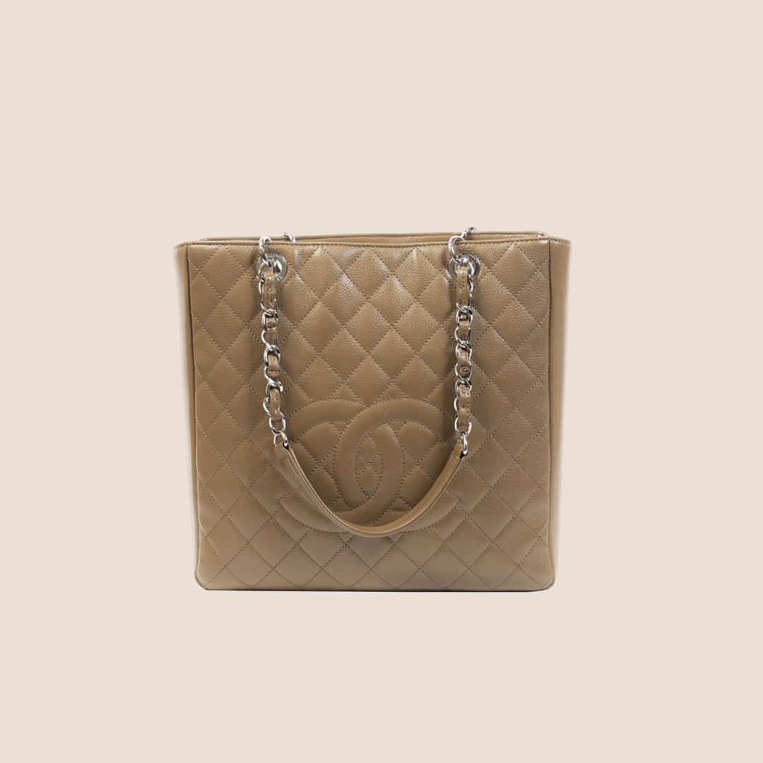 CHANEL TAUPE QUILTED LEATHER SHOPPER TOTE