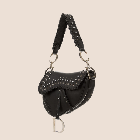 CHRISTIAN DIOR 2004 BLACK CRYSTAL GROMMET SADDLE BAG