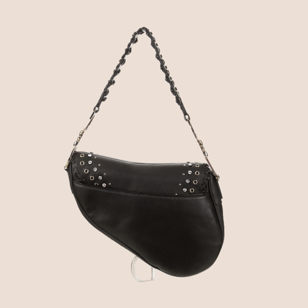 CHRISTIAN DIOR 2004 BLACK CRYSTAL GROMMET SADDLE BAG