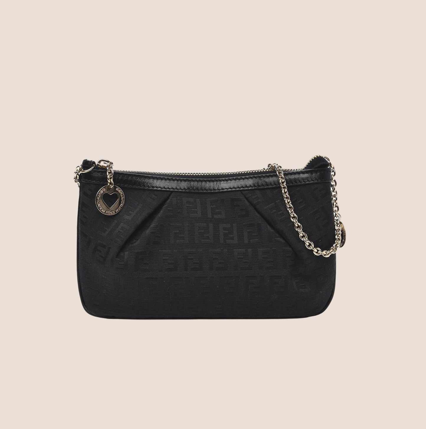 FENDI BLACK ZUCCHINO CANVAS CHARM CHAIN POCHETTE BAG