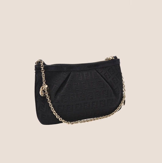 FENDI BLACK ZUCCHINO CANVAS CHARM CHAIN POCHETTE BAG