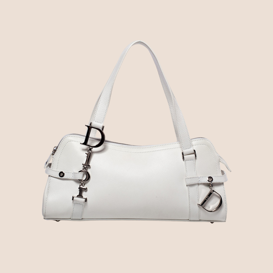 CHRISTIAN DIOR WHITE LEATHER CHARMS FLAT BOSTON BAG