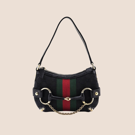 GUCCI BLACK GG MONOGRAM MINI HORSEBIT PURSE