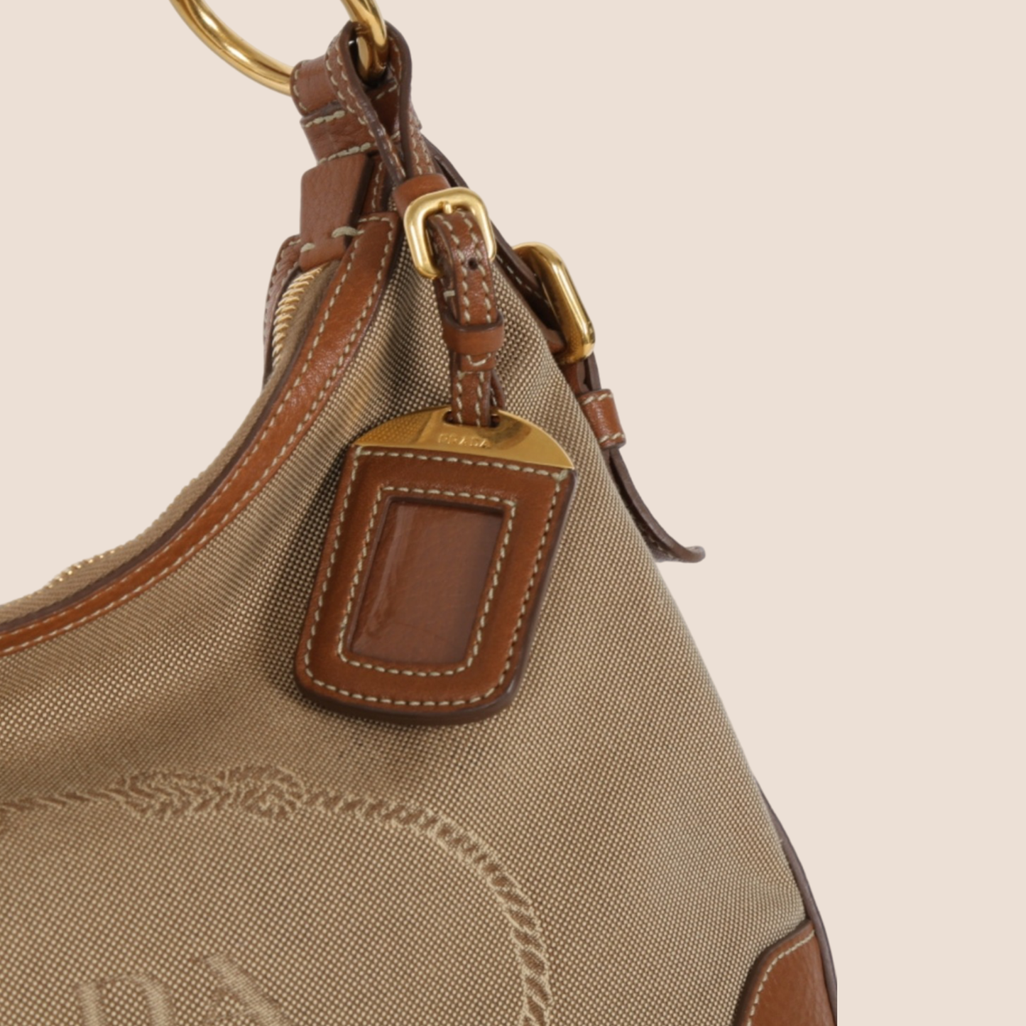 PRADA BEIGE & TAN JACQUARD LOGO LARGE HOBO BAG