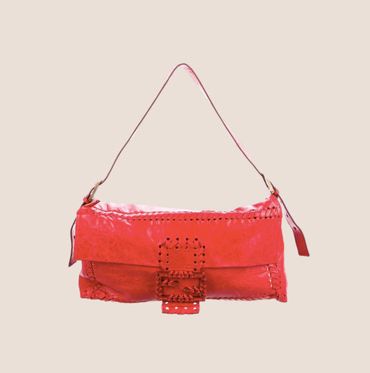 FENDI 2009 RED LEATHER STITCHED JUMBO BAGUETTE BAG