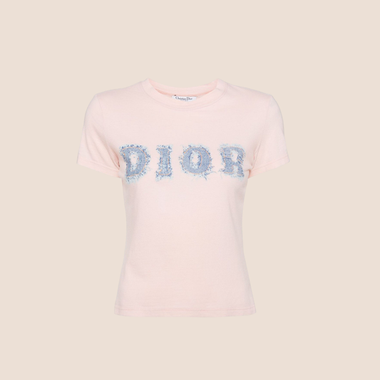 CHRISTAN DIOR PINK DENIM LOGO PATCH T-SHIRT