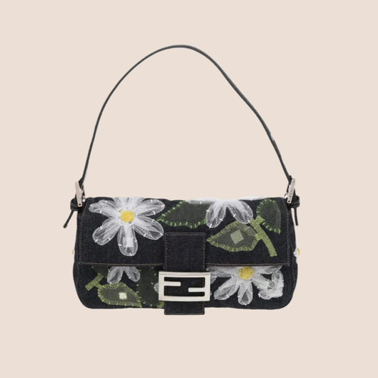 FENDI FLOWER PATCH DENIM BAGUETTE BAG