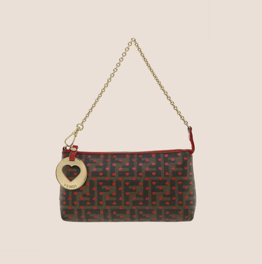 FENDI ZUCCA CANVAS HEART CHAIN POCHETTE BAG