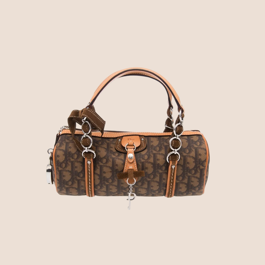 CHRISTIAN DIOR BROWN TROTTER ROMANTIQUE MINI BARREL BAG