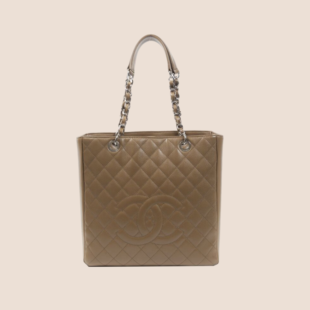 CHANEL TAUPE QUILTED LEATHER SHOPPER TOTE