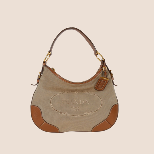 PRADA BEIGE & TAN JACQUARD LOGO LARGE HOBO BAG