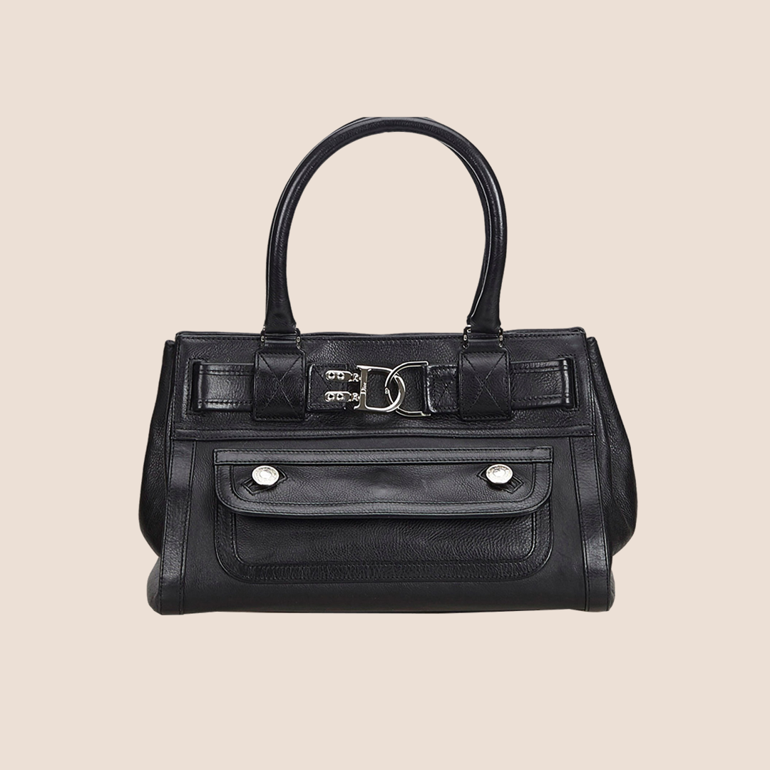 CHRISTIAN DIOR BLACK LEATHER FLIGHT TOTE BAG