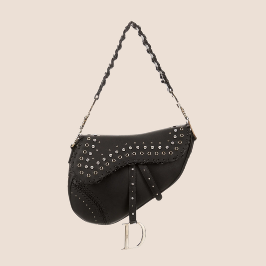 CHRISTIAN DIOR 2004 BLACK CRYSTAL GROMMET SADDLE BAG