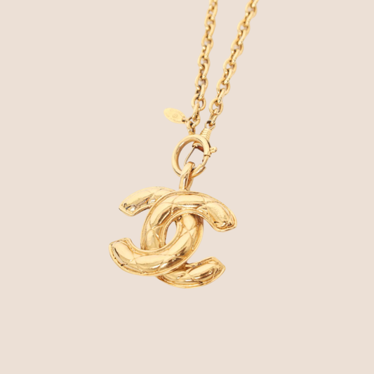 CHANEL GOLD-TONE QUILTED CC PENDANT CHAIN NECKLACE