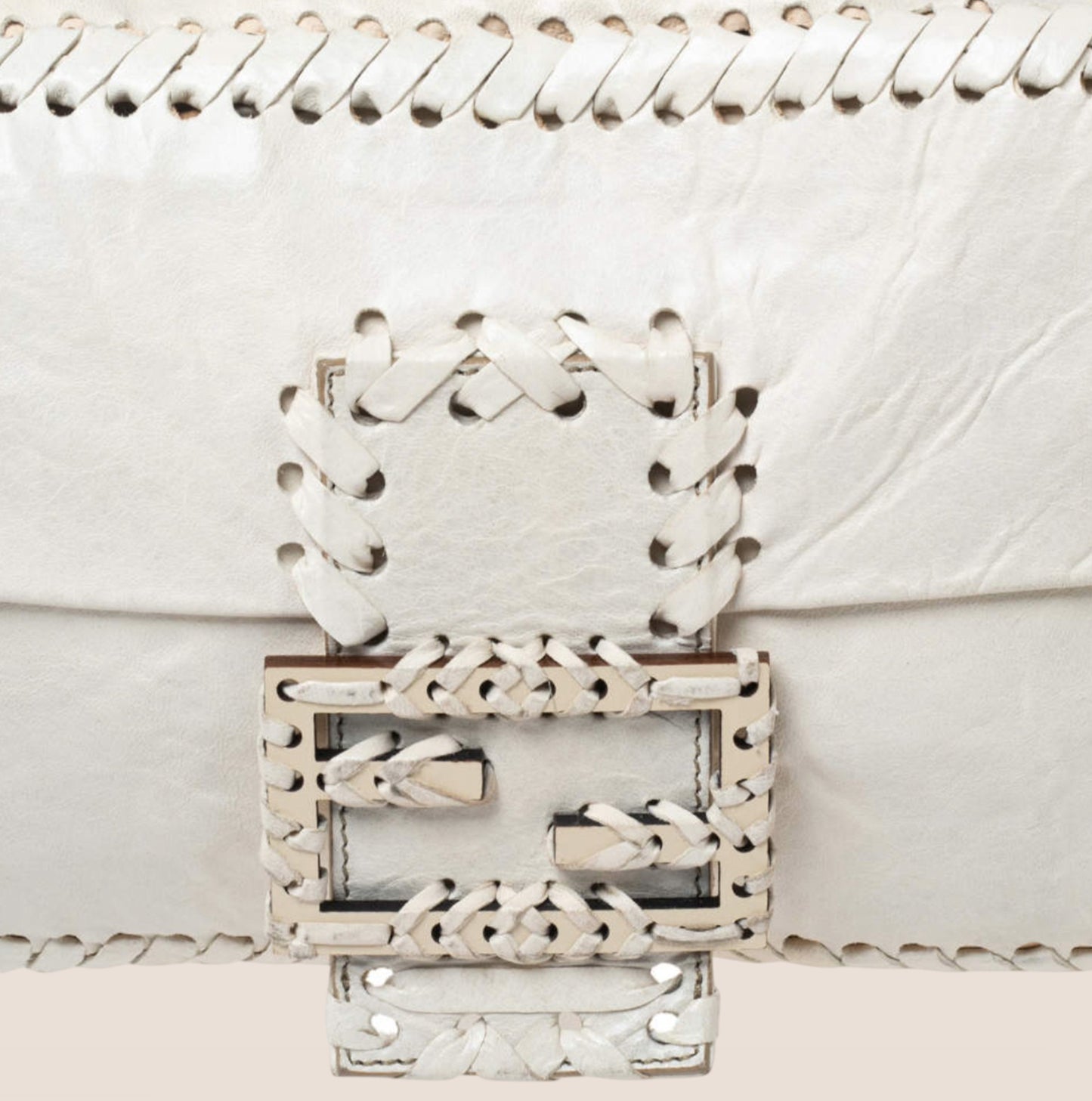 FENDI WHITE LEATHER WHIPSTITCH JUMBO BAGUETTE BAG