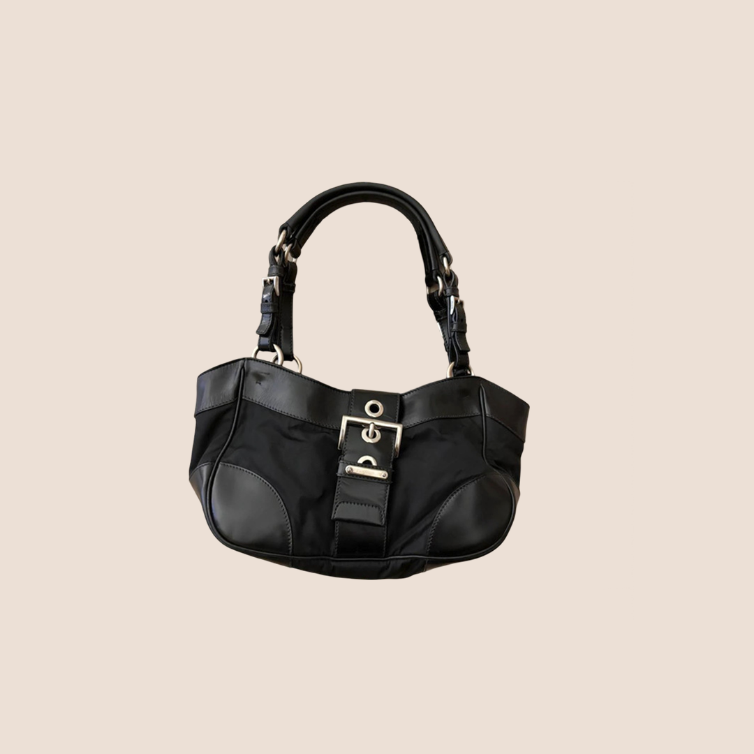 PRADA 2000s LEATHER TRIM BLACK TESSUTO TOTE BAG