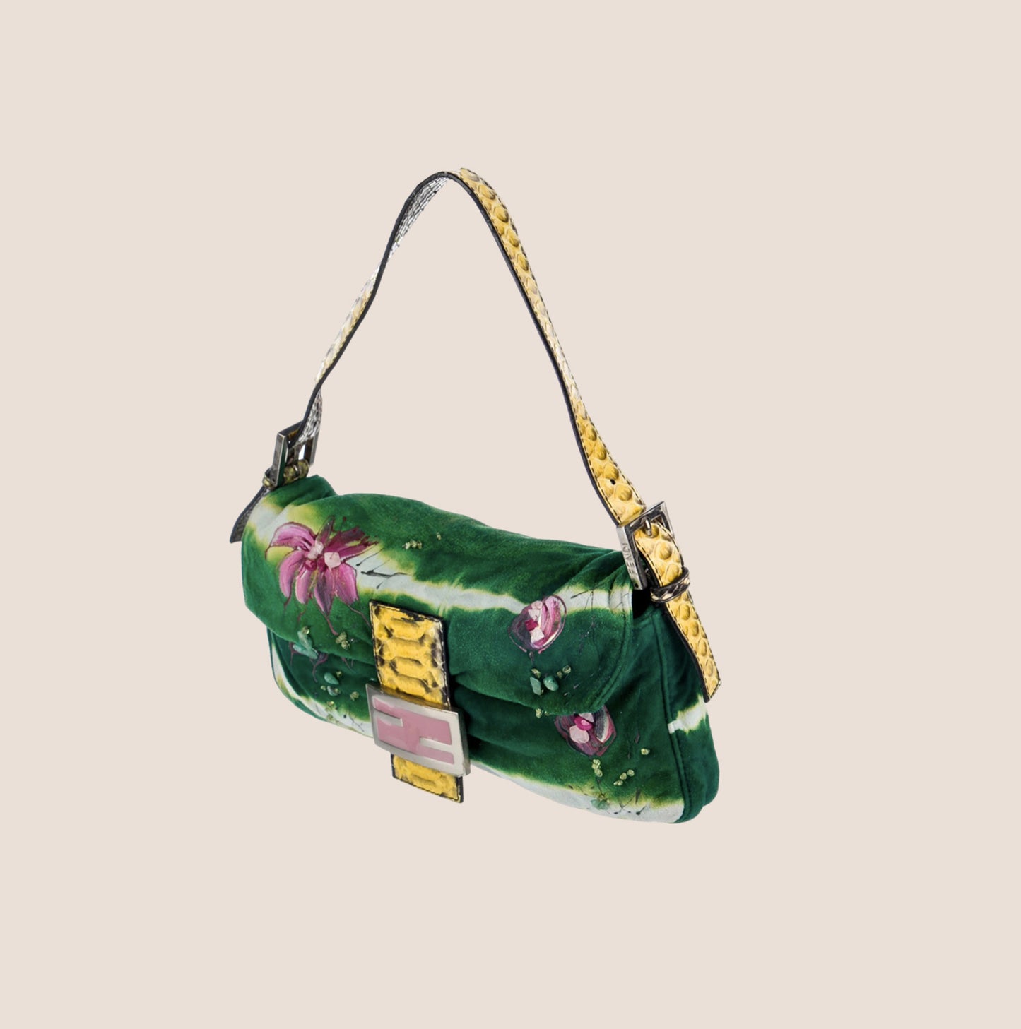 FENDI GREEN PYTHON TRIM FLORAL PAINTED BAGUETTE BAG