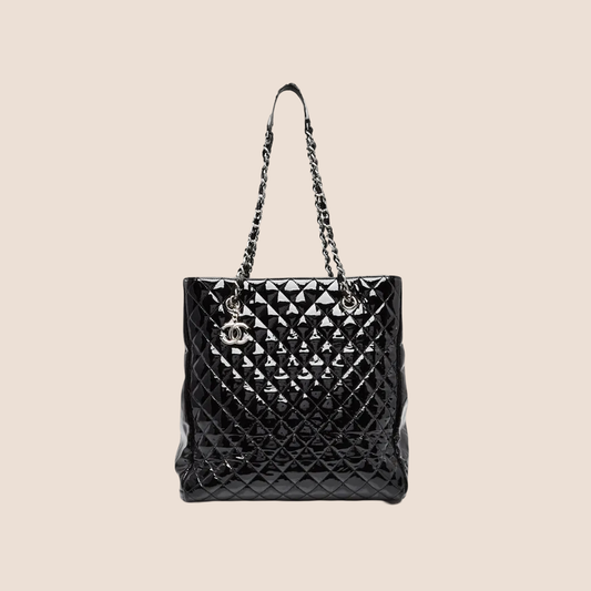 CHANEL BLACK QUILTED PATENT LEATHER NORTH SOUTH TOTE BAG