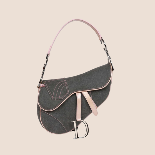 CHRISTIAN DIOR GREY DENIM & PINK SADDLE BAG