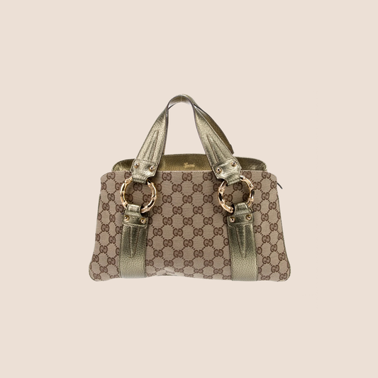 GUCCI 2004 GG CANVAS WEB BAMBOO RING HANDLE BAG