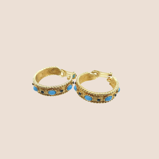 CHRISTIAN DIOR GOLD TURQUOISE STONE HOOP EARRINGS