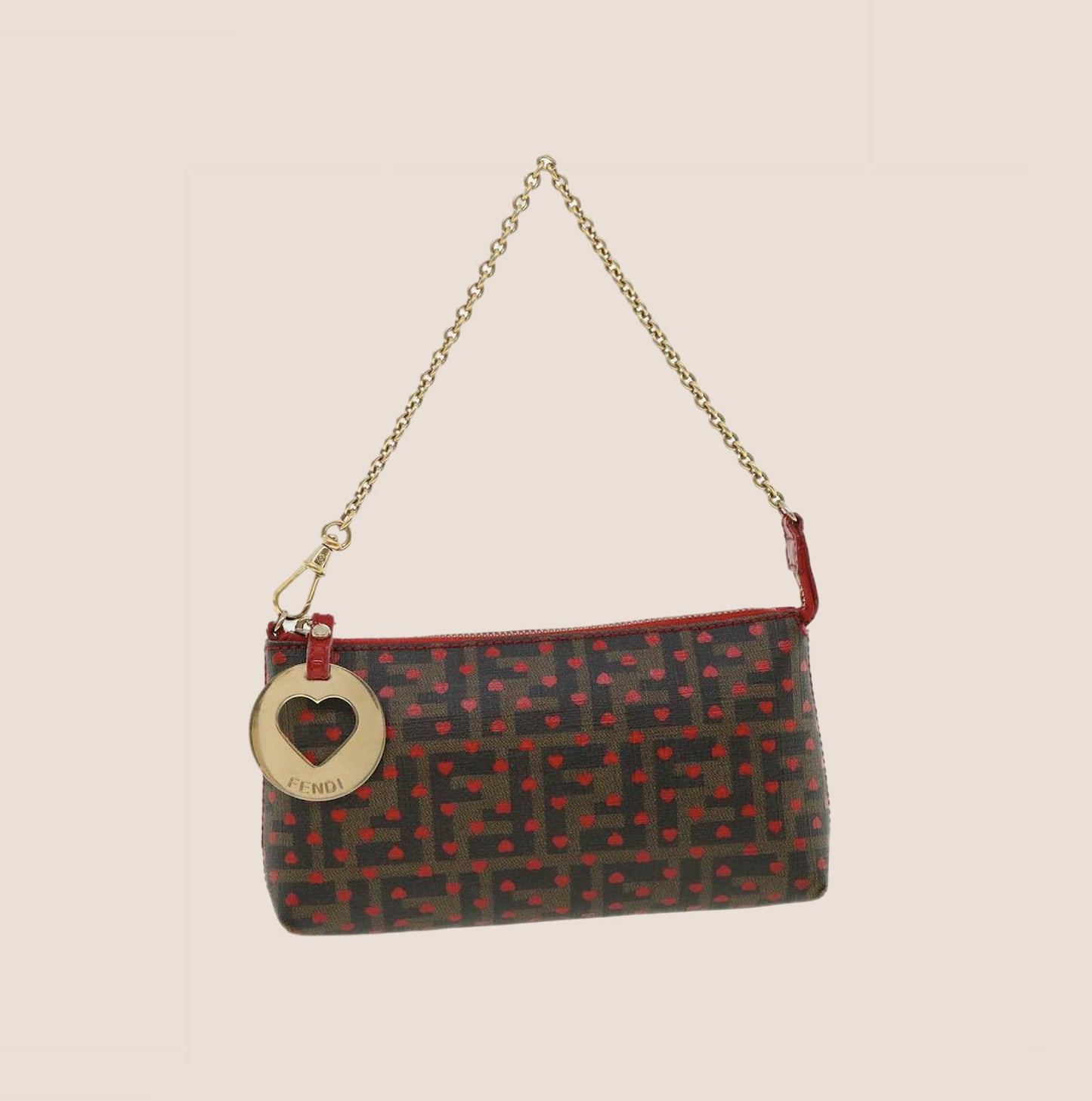 FENDI ZUCCA CANVAS HEART CHAIN POCHETTE BAG