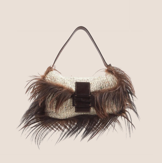 FENDI CREAM KNIT CROCHET LONG FUR TRIM BAGUETTE BAG