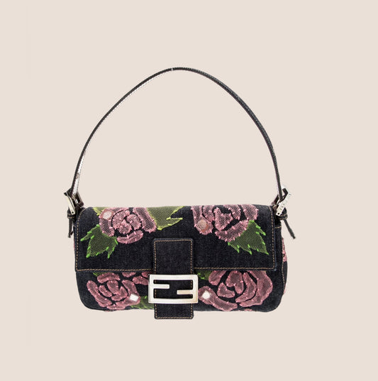 FENDI DENIM FLORAL EMBELLISHED BAGUETTE BAG