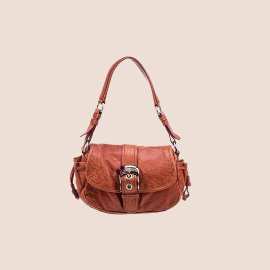 MIU MIU 2000s BUCKLE EMBELLISHED RED LEATHER SHOULDER BAG