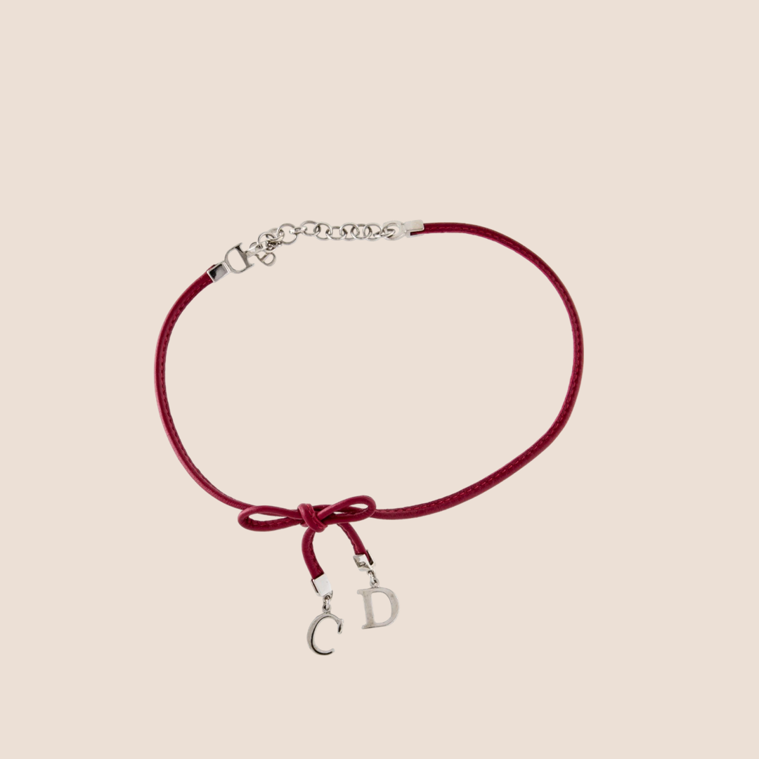 CHRISTIAN DIOR SILVER & RED BOW CHARM CHOKER NECKLACE