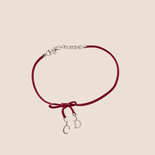 CHRISTIAN DIOR SILVER & RED BOW CHARM CHOKER NECKLACE